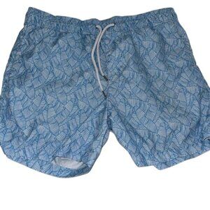 Mens Blue Swim Trunks With Drawstring Waist & Leaf Pattern